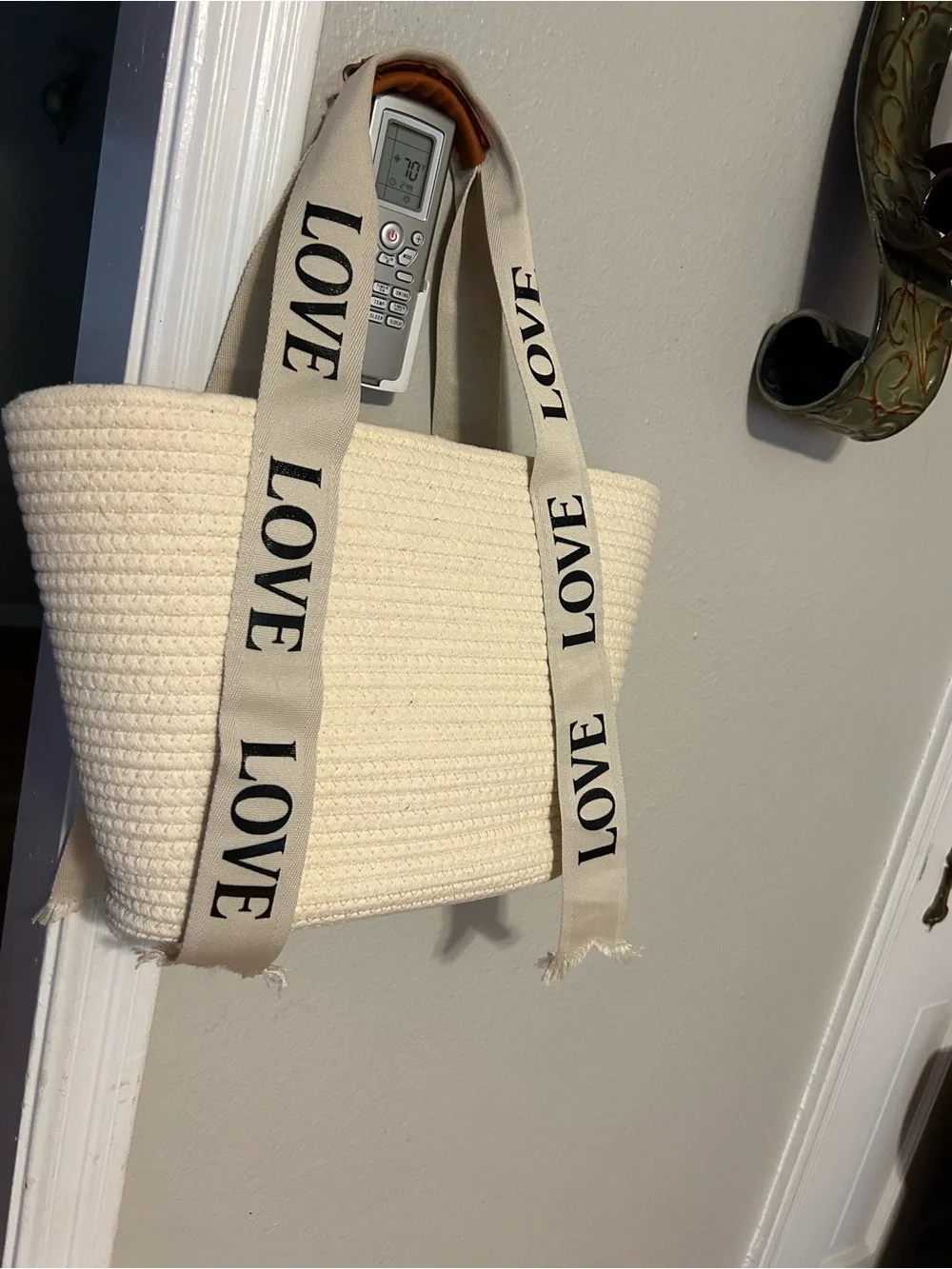 The Yum Vibes Cream Woven Tote with LOVE Shoulder Straps